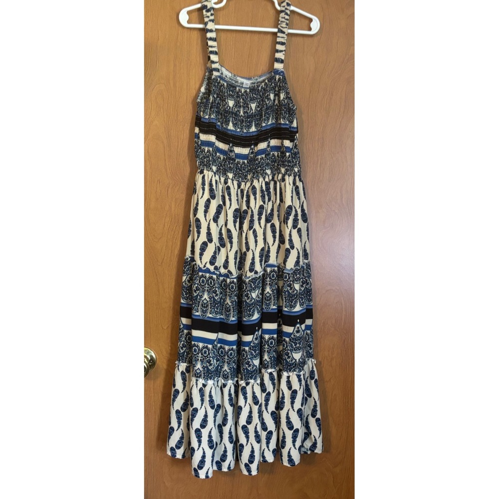 Lapis Blue Cream Paisley Smocked Tiered Maxi Dress Small Sleeveless Boho